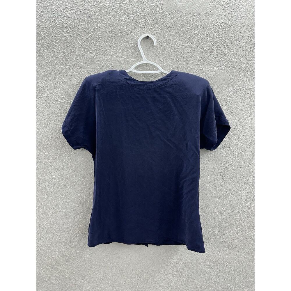Valerie Stevens Womens Blouse Size 8P Blue Silk Short Sleeve Button Up Back VTG